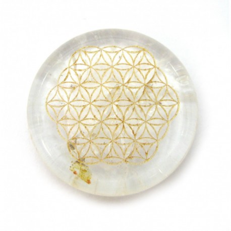 Scheibe Bergkristall 5 cm mit Blume des Lebens
