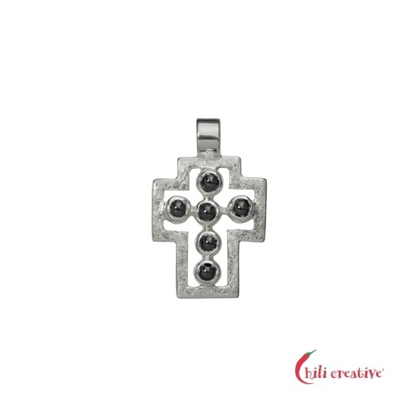 Anhänger Passions-Kreuz mit Hämatit 3,2 cm 925er Silber matt