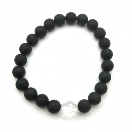 Kugel-Armband Turmalin schwarz matt glatt (stabilisiert) mit Bergkristall Kugel facettiert 8 mm