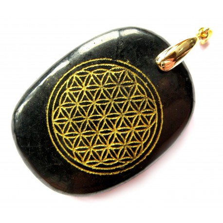 Anhänger Schungit mit  Blume des Lebens  goldfarben